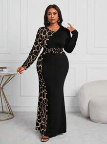Fleurora Plus Size Women's Business Professional And Contrast Geometric Pattern Waist Fishtail Dress