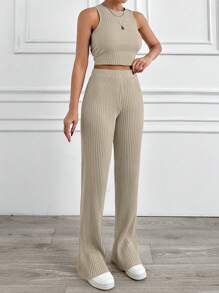 EURMUSE Rib Knit Two Pcs Beige Set