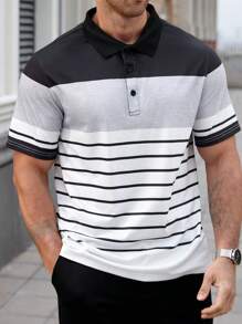 Manfinity Homme Plus Size Men's Plain Color Patchwork Front Button Short Sleeve Casual Polo Shirt