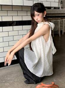 DAZY Bowknot Neck Loose Polka Dot Sleeveless Blouse Going Out Tops Fall - Beige - View 3