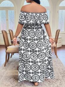 SHEIN Clasi Große Größen Mode neuer bedruckter Saum, Off-Shoulder Urlaubs-Stil Urlaubskleid Frühlings-Kleid Strand Damen Outfit Sommer Damen Outfit Sommerkleid Boho, Weniger schwarze Sommer Outfits für Damen St. Patrick Tag Rave Outfits Festival Frühlingsferien Outfits St. Patrick Boho - Schwarz und Weiss - Übersicht 2