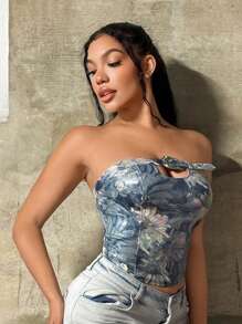 SHEIN SXY Women's Floral Print Adjustable Bandeau Top, Fashionable For Vacation,Corset Tops,Tube Tops,Summer,Sexy,Club Outfits Women Sexy,Gyaru,Streetwear Women,Summer,Y2K - Blue and White - View 4
