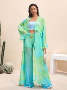 BY FELIZIA Women's Blue Green Gradient Printed Mesh Pleated Wide Belt Starfish Flared Leg Pants Beach Holiday Women Summer Clothes Casual - Multicolor - View 5