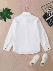 SHEIN 青少年男孩休闲日常正面纽扣贴袋长袖牛仔衬衫 - 白色 - 查看 2