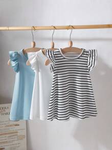 3pcs Girls' Summer Casual Vacation Knit Dress Set,Navy Blue And White Striped & Solid Color,Lightweight Stretchy Short Ruffle Sleeve Regular Style - Multicolor - View 2