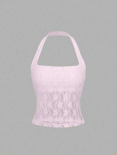 Sweetra Elegant And Sexy Solid Lace Halter Top Y2K Christmas Holiday Party Dress  For New Year