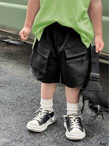 SHEIN 2pcs Young Boy Casual Wide Strap Turn-Down Collar Polo Shirt And Work Shorts, Comfortable And Versatile For Spring And Summer, Suitable For Daily Wear, School And Outdoor Play Ootd Kids Boyboy Clothes Summer