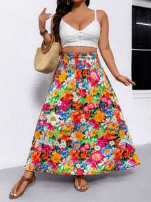 Breezaya 大码女式花卉印花褶皱腰休闲假日 A 字裙，适合度假和日常通勤 - 彩色 - 查看 5