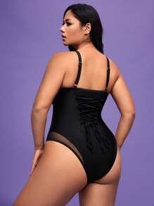 SHEIN Swim Curve 25pcs Functional Plus Size Mesh Patchwork One-Piece Swimsuit For Summer Beach Vacation - Black - View 2