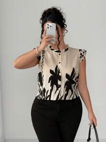 Elenzga Áo sơ mi tay ngắn in hoa cổ bèo nhún cỡ lớn cho nữ, thanh lịch - Màu be - Xem 4