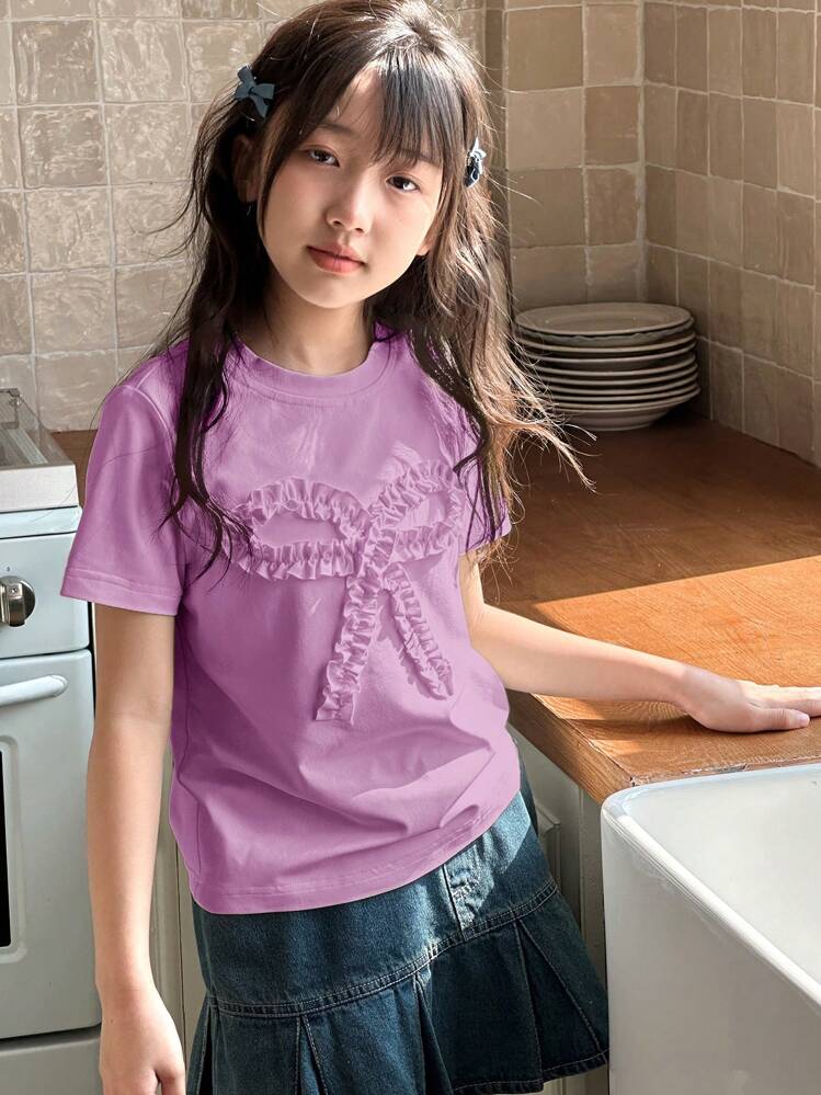 DAZY Tween Girl Crew Neck Knit Short Sleeve T-Shirt, For Fall,Back To School Clothes - Purple - View 2