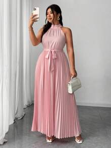 Elenzga 大码女式优雅浪漫度假连衣裙，露背收腰 A 字裙，适合婚礼宾客 - 粉色 - 查看 1