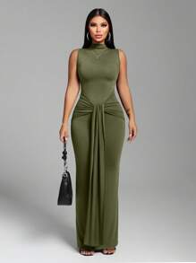 Zolique Women's High Neck Front Tie Sexy Extra Long Dress - Army Green - View 4