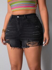SHEIN LUNE Plus Size Ripped Denim Shorts - Black - View 1