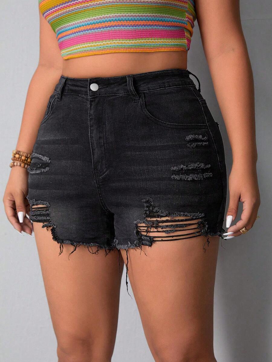 SHEIN LUNE Plus Size Ripped Denim Shorts - Black - View 1