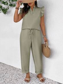SHEIN Frenchy Set de 2 piezas de ropa casual para mujer de talla grande, que incluye una camisa de manga corta y pantalones de unicolor