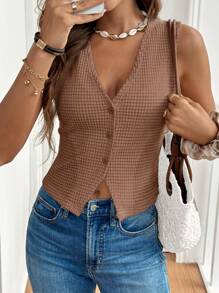 SHEIN Frenchy Top de tirantes de botones con textura de unicolor para vacaciones - Rosa - Ver 4