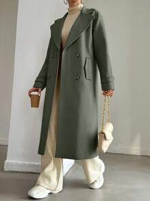 EURMUSE 1pc Women Casual Solid Color Double-Breasted Coat, Autumn/Winter - Olive Green - View 1