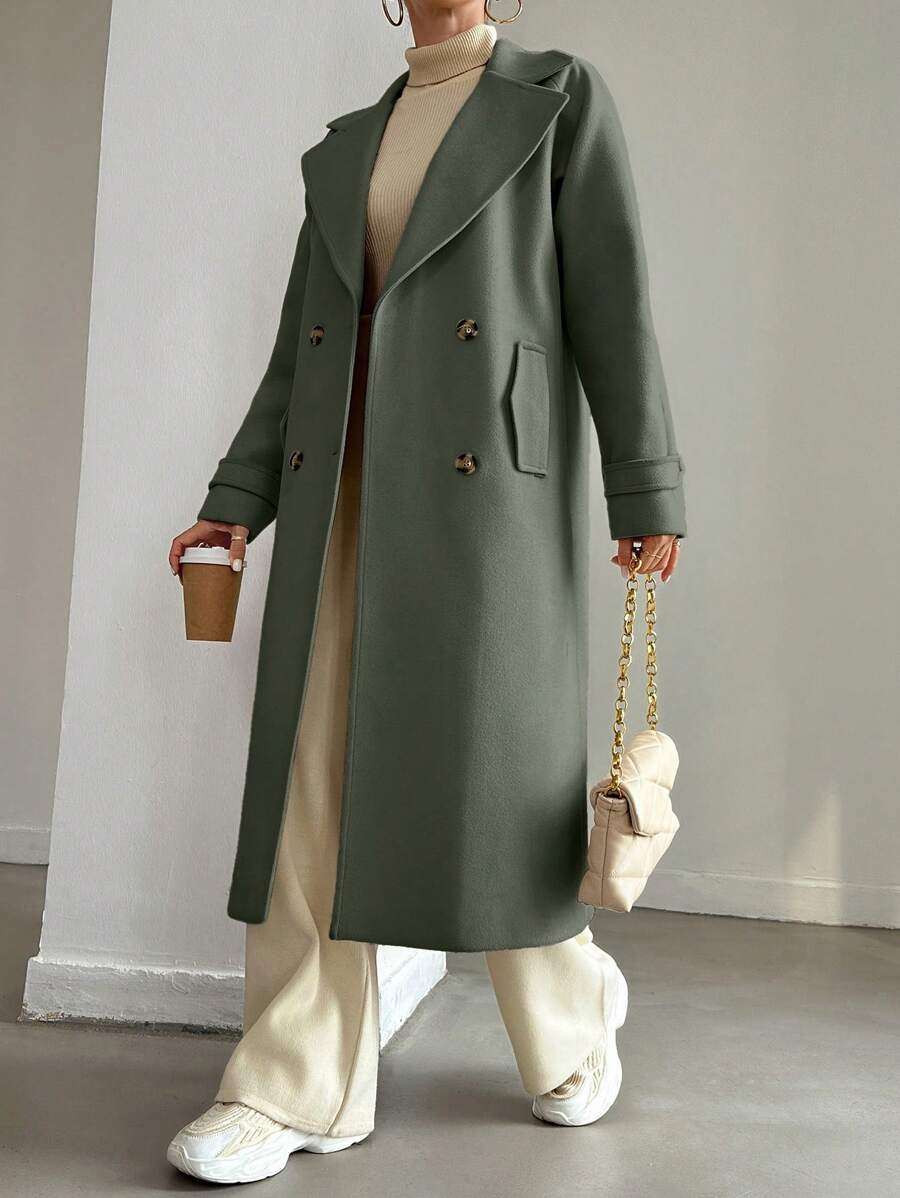 EURMUSE 1pc Women Casual Solid Color Double-Breasted Coat, Autumn/Winter - Olive Green - View 1