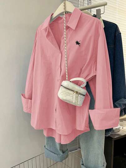 女士骑士印花长袖单排扣休闲宽松衬衫