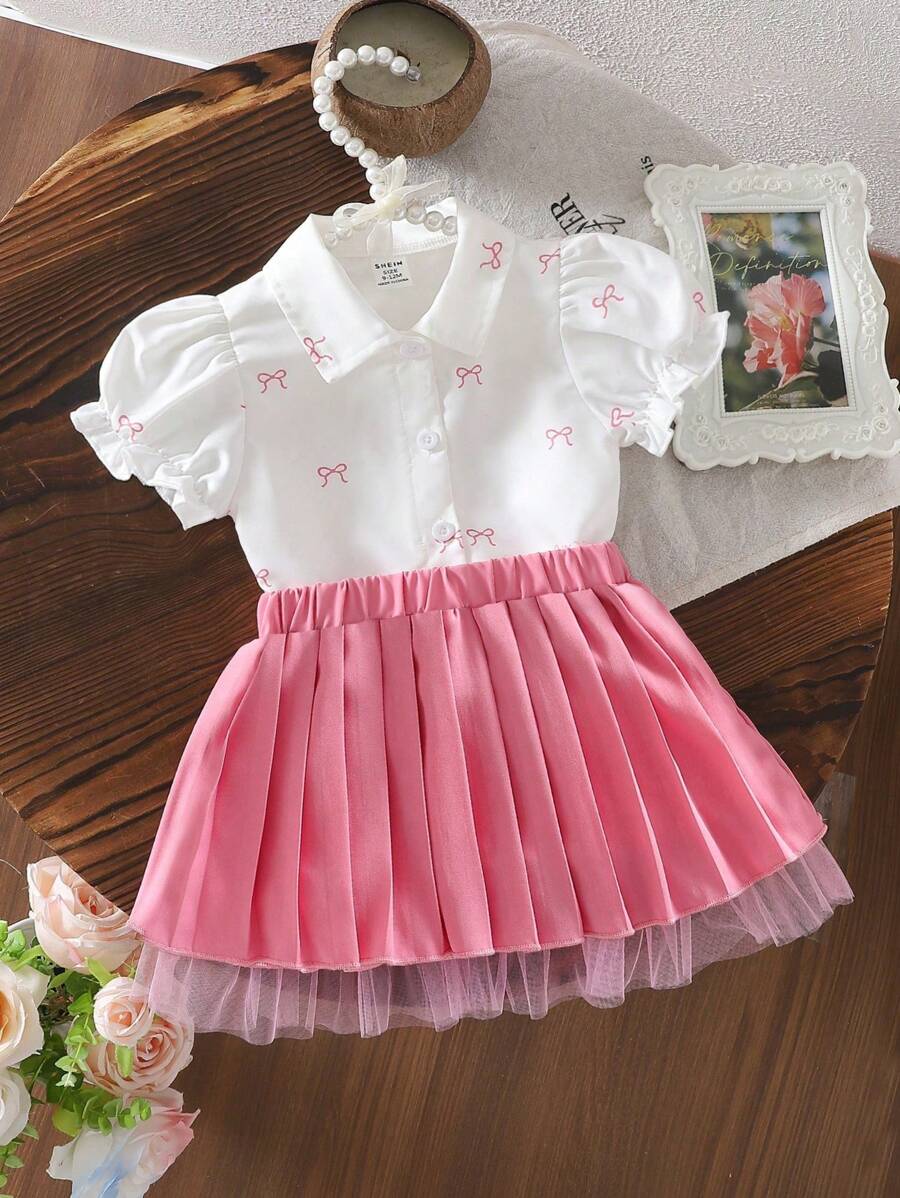 SHEIN Baby Girl Casual Cute Peter Pan Collar Butterfly Print Black Shirt And Pleated Skirt Set, For Summer - Pink - View 1