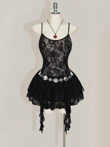 SHEIN ICON Plus Size Round Neck Lace Strap Dress, Double Layer Ruffle Hem Strap Dress, For Music Festival - Black - View 3