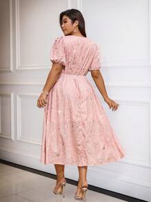 SHEIN Belle 大码 V 领金属光泽宽松优雅派对连衣裙 - 粉色 - 查看 2