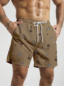 Manfinity Swimmode Men's Vacation Casual Coconut Tree Printed Beach Shorts (Print Randomly) - Coffee Brown - View 4