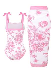 Sparklyn 少女花卉印花泳衣搭配比基尼上衣和纱笼裙，度假风格（随机印花） - 彩色 - 查看 2