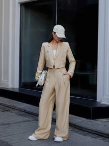 RueChic Double Breasted Crop Blazer & Wide Leg Pants - Beige - View 3