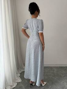 Modelyn French Ditsy Floral Ruffle Collar Cinched Waist Dress - Blue - View 2