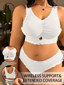 Set de 2 piezas Sujetador inalámbrico y conjunto de bragas con encaje contrastante, talla grande, cómodo