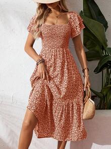 Breezaya Đầm Maxi Cổ Vuông In Hoa Đơn Giản Mùa Hè Tay Ngắn Cho Nữ Đi Biển Kỳ Nghỉ - trái cam - Xem 3