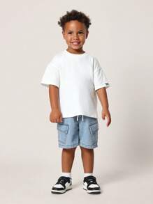 SUMWON 休闲儿童基本款 T 恤基本款夏季圆领运动棉混纺透气休闲上衣学校日常穿着休闲舒适 - 白色 - 查看 1