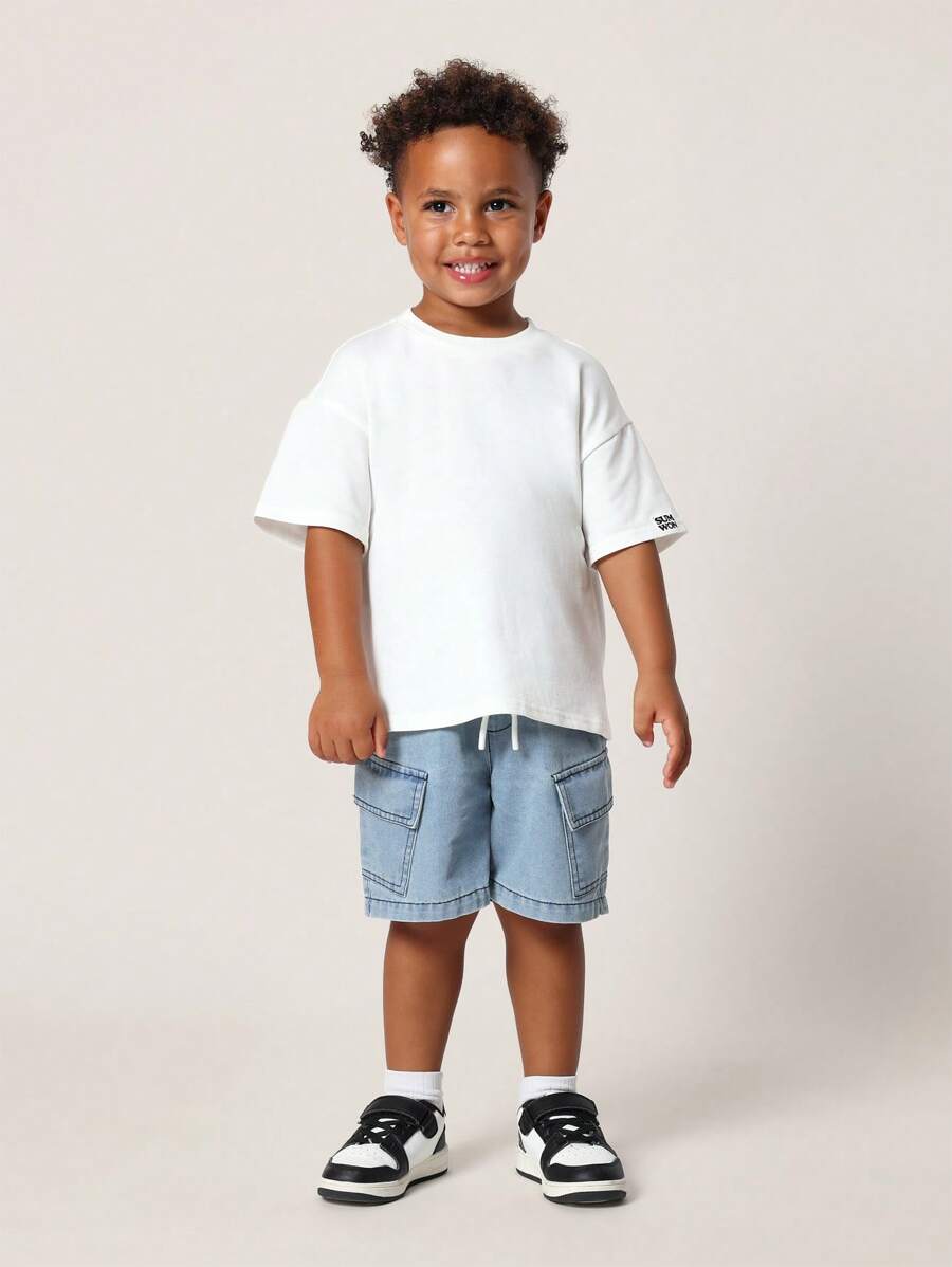 SUMWON 休闲儿童基本款 T 恤基本款夏季圆领运动棉混纺透气休闲上衣学校日常穿着休闲舒适 - 白色 - 查看 1