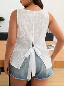 SHEIN Frenchy Plus Size Casual Embroidered Texture Sleeveless Back Tie Up Shirt - White - View 5