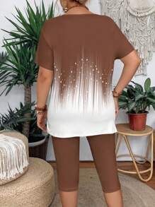 Summer Casual Color Block Short Sleeve T-Shirt And Leggings 2 Pieces Set For Plus Size Women, Slim Fit - Multicolor - View 2