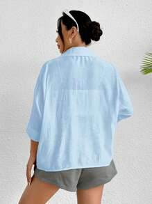 SHEIN PETITE Áo sơ mi trắng tay cánh dơi trơn màu trắng mùa xuân - Màu xanh nhạt - Xem 2