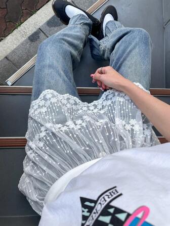 FRIFUL Blommig broderad skir nätkjol för kvinnor, sommar