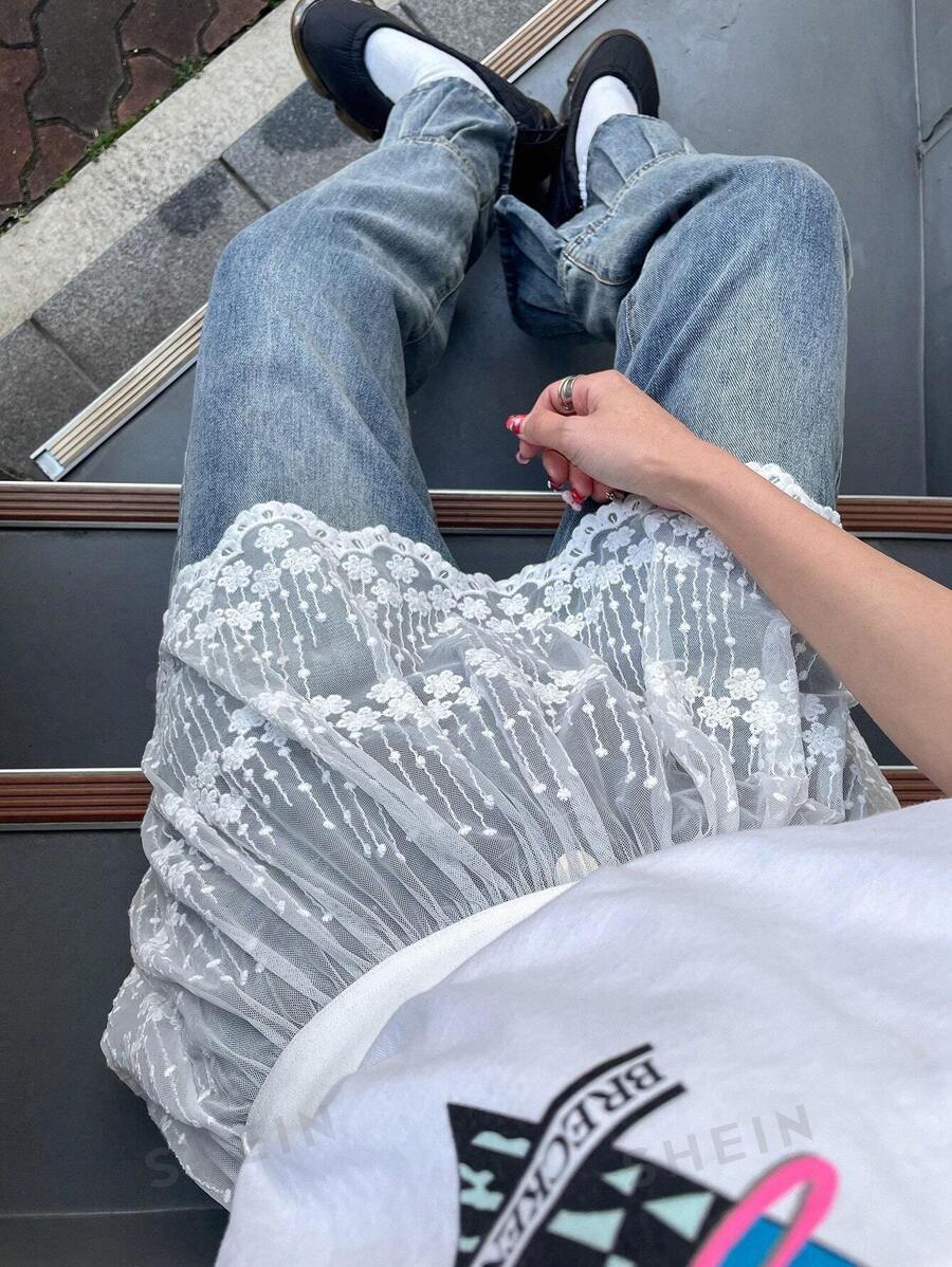 FRIFUL Damen Sommerrock aus Mesh mit floraler Stickerei