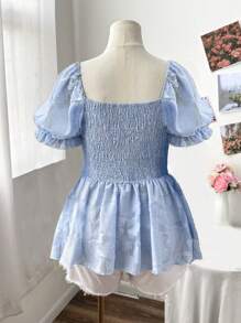 Sweetra Áo sơ mi tay bồng phong cách kỳ nghỉ thanh lịch kiểu Pháp dễ thương ngọt ngào chất liệu kết cấu công chúa nơ trang trí mới, áo bó eo - Màu xanh nhạt - Xem 2