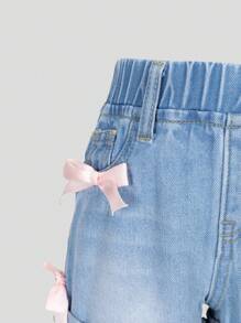 Baby Girls Cute Light Blue Washed Denim Color Bow Ruffled Hem Elastic Waist Casual Versatile Denim Shorts - Light Wash - View 6