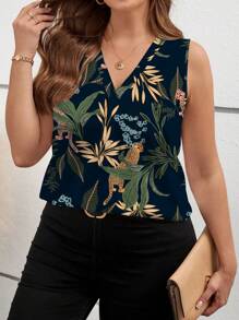 Glamance Joyce Ellen Women Navy Blue Plus Size Blouses Sleeveless V Neck Boho Plants,Plain,All Over Print,Tropical Summer Outfits For Women Summer Tops Going Out - Navy Blue - View 4