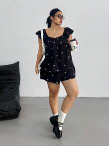 SHEIN MOOSTA 大码女式 2 件套上衣和短裤，蝴蝶印花盖袖方领衬衫和蝴蝶结休闲短裤，夏季 - 黑色 - 查看 3