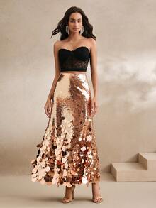 Anewsta Women's Solid Color Fancy Sequin Mermaid Hem Skirt - Champagne - View 5