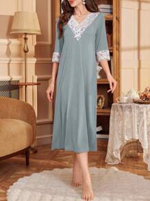 PalaceNights Women's V-Neck Contrast Lace Loose Mid-Length Nightgown, Moo Moo - Dusty Blue - View 7
