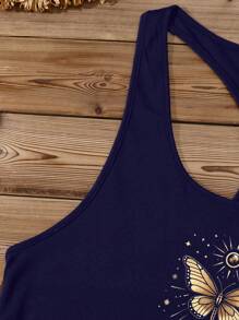 EMERY ROSE Top de camisola informal minimalista con estampado de luna y mariposa dorada, adecuado para talla grande, apto para el verano - Azul Marino - Ver 4