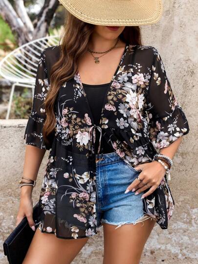 SHEIN LUNE 大码女式夏季花卉印花波西米亚风轻质透气海边透气系带罩衫