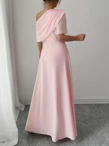 Rafferiza 女士优雅不对称肩短袖雪纺拼接 A 字连衣裙 - 粉色 - 查看 4