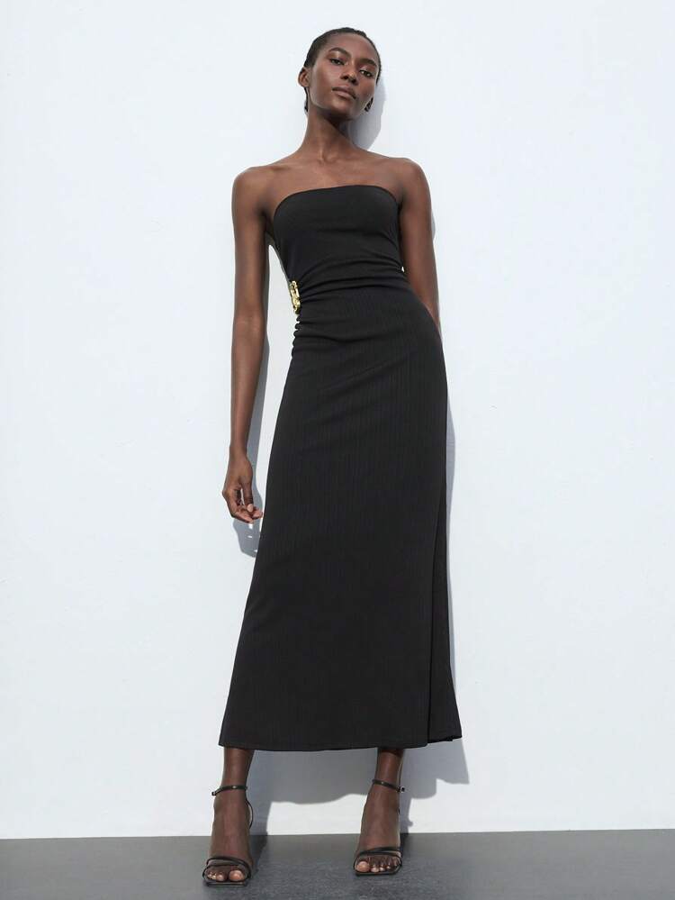 SHEIN Maija 2025 Spring/Summer New Casual Chic Fashion Vacation Comfortable Metal Buckle Women's Dress, Music Festival Beach Travel, Everyday Casual, Romantic Urban Resort, Suitable For Outings, Gatherings, Weddings, Graduation, Ladies Dress Easter Off The Shoulder Top